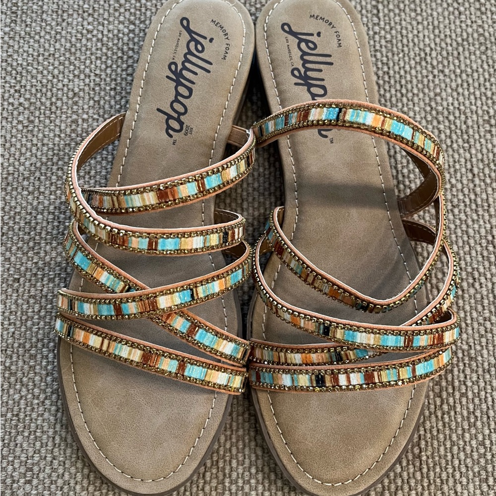 Jellypop Tan Slide Sandals with Turquoise and Brown Beading